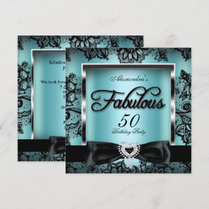 Fabulous 50 Party Teal Blue Damask Black Lace Invitation