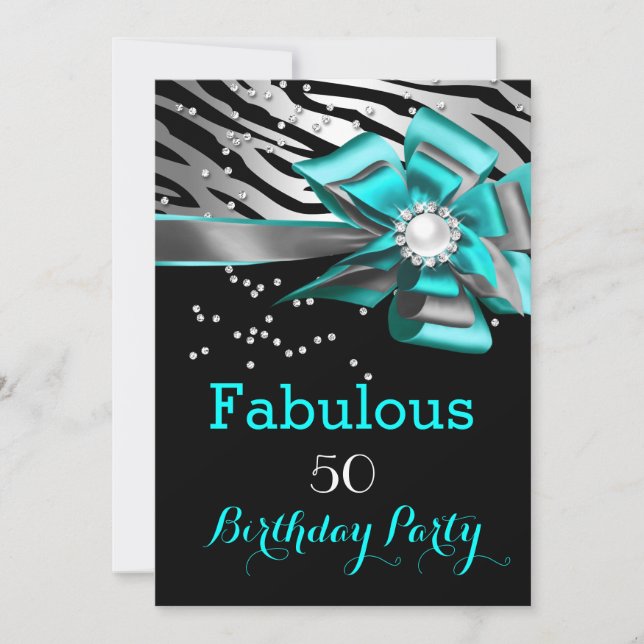 Fabulous 50 Party Teal Zebra Black Silver Pearl Invitation (Front)