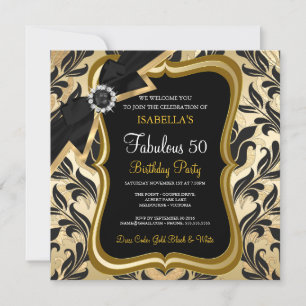 Fabulous 50 Pearl Gold Bow Black Damask Invite