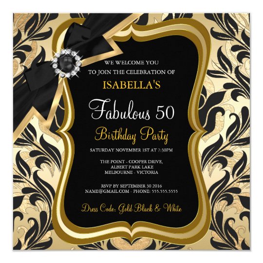 Fabulous 50 Pearl Gold Bow Black Damask Invite