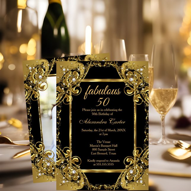 Fabulous 50 Photo black Gold Pearl Party Invitation (Creator Uploaded)