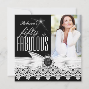 Fabulous 50 Photo Black White Lace 50th Birthday 3 Invitation