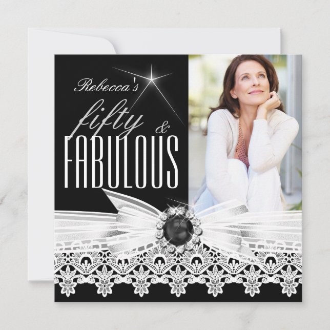 Fabulous 50 Photo Black White Lace 50th Birthday 3 Invitation (Front)