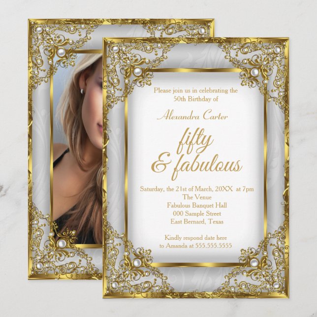 Fabulous 50 Photo Gold grey silver Pearl birthday Invitation (Front/Back)
