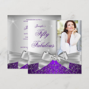 Fabulous 50 Photo Silver Purple Bow 50th Birthday Invitation