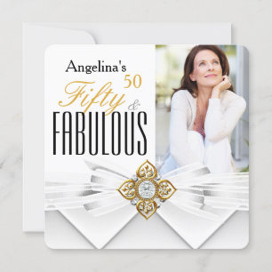 Fabulous 50 Photo White Gold Modern Birthday Invitation