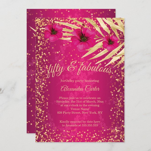 Fabulous 50 Pink Gold Sparkle Floral Birthday Invitation (Front/Back)