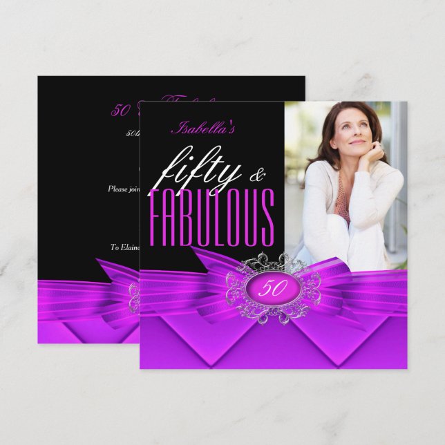 Fabulous 50 Pink Purple Black Photo Birthday Party Invitation (Front/Back)