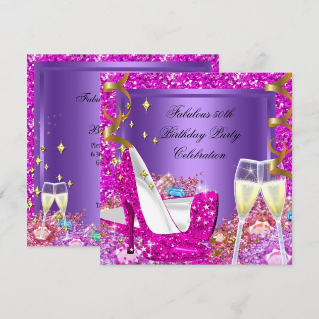 Fabulous 50 Pink Purple Glitter Heels Birthday Invitation (Front/Back)