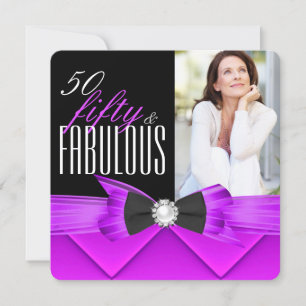 Fabulous 50 Pink Purple Photo Birthday Party Invitation