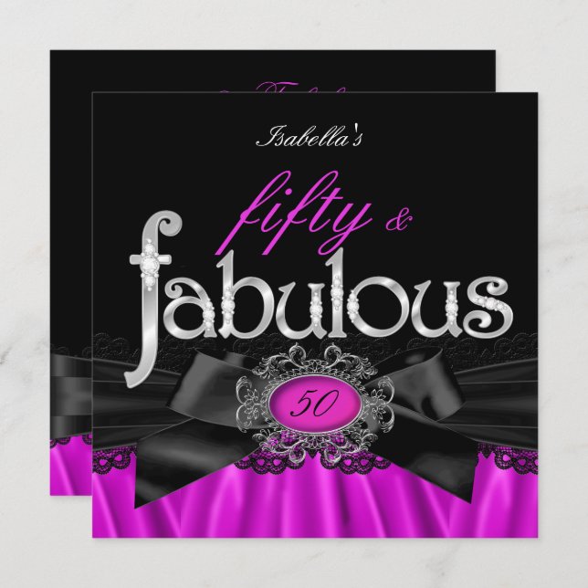Fabulous 50 Pink Silk Black Lace Birthday Party Invitation (Front/Back)