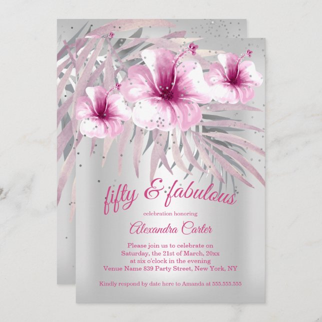 Fabulous 50 Pretty Pink Silver white hibiscus Invitation (Front/Back)