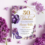Fabulous 50 Purple Girl Modern 50th Birthday Invitation<br><div class="desc">Forget drab, embrace fab! These shimmering invites shout "50 & Fabulous" with vibrant purple glitter and playful designs. Balloons dance with iridescent sparkle, while elegant heels, decked in floral accents and a dusting of glitz, strut across the front. It's an invitation that announces, "Get ready to party, because fifty has...</div>
