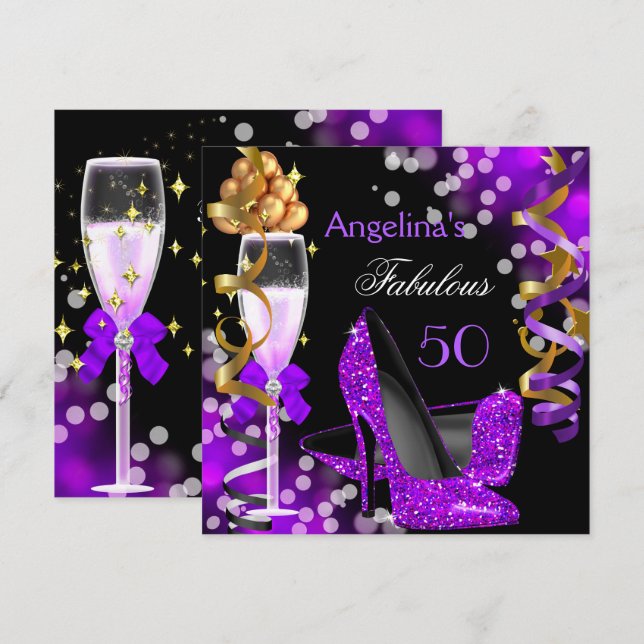 Fabulous 50 Purple Heels Gold Bubbles Birthday Invitation (Front/Back)