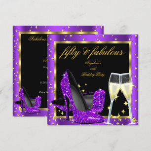 Fabulous 50 Purple High Heels Champagne Birthday Invitation