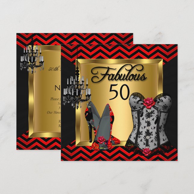 Fabulous 50 Red Black Stripe Heels Flirty Party Invitation (Front/Back)