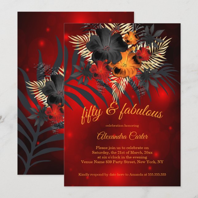 Fabulous 50 Red glow Orange Black Hibiscus Invitation (Front/Back)