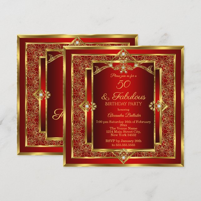 Fabulous 50 Red Gold Floral Birthday Party Invitation (Front/Back)