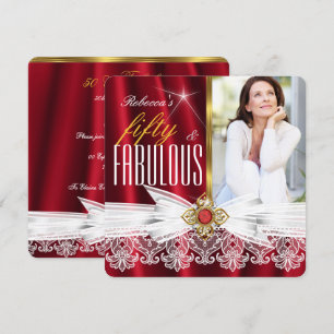 Fabulous 50 Red Gold White Lace Birthday Invitation