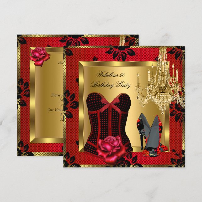 Fabulous 50 Red Heels Chandelier Rose Lace Corset Invitation (Front/Back)