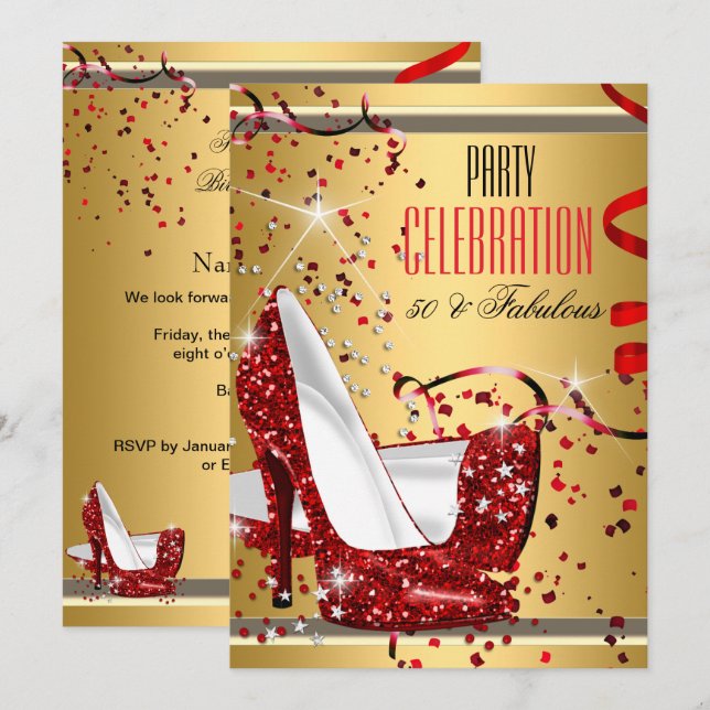 Fabulous 50 Red Heels Gold 50th Birthday Party Invitation (Front/Back)