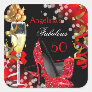 Fabulous 50 Red Heels Gold Bubbles Birthday Party Square Sticker