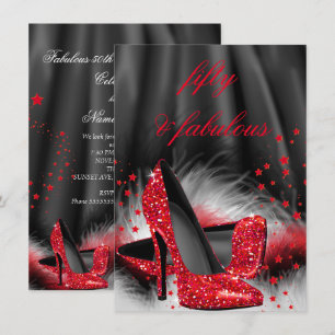 Fabulous 50 Red High Heels Black Silk Birthday Invitation
