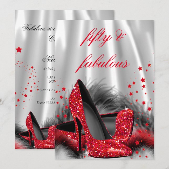 Fabulous 50 Red High Heels Black Silver Birthday Invitation (Front/Back)