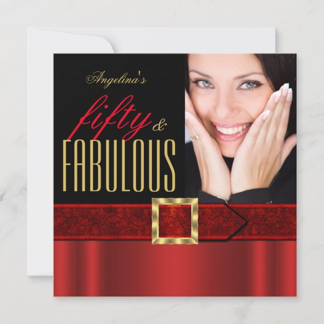 Fabulous 50 Regal Red Gold Black Photo Birthday Invitation (Front)