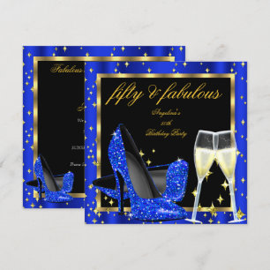 Fabulous 50 Royal Blue Champagne Heels Birthday Invitation