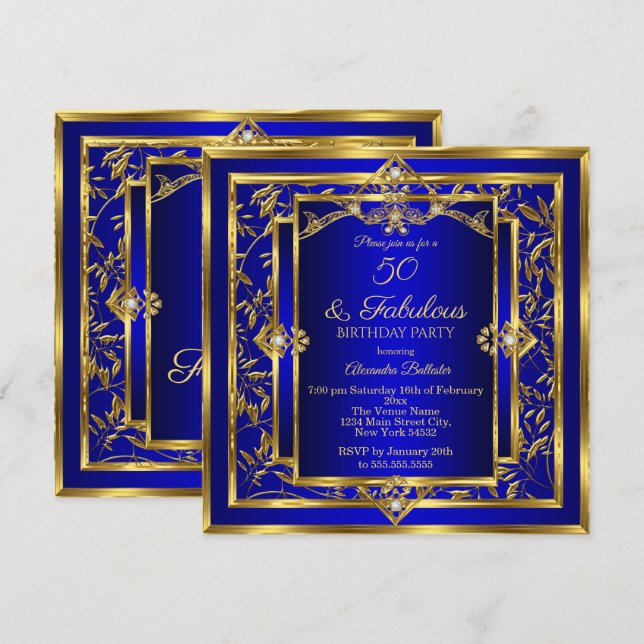 Fabulous 50 Royal Blue Gold Damask Birthday Party Invitation (Front/Back)