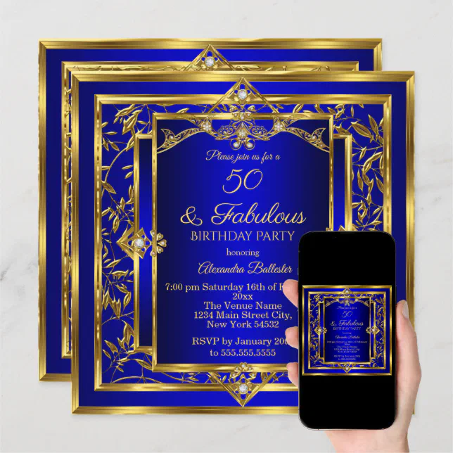 Fabulous 50 Royal Blue Gold Damask Birthday Party Invitation Zazzle