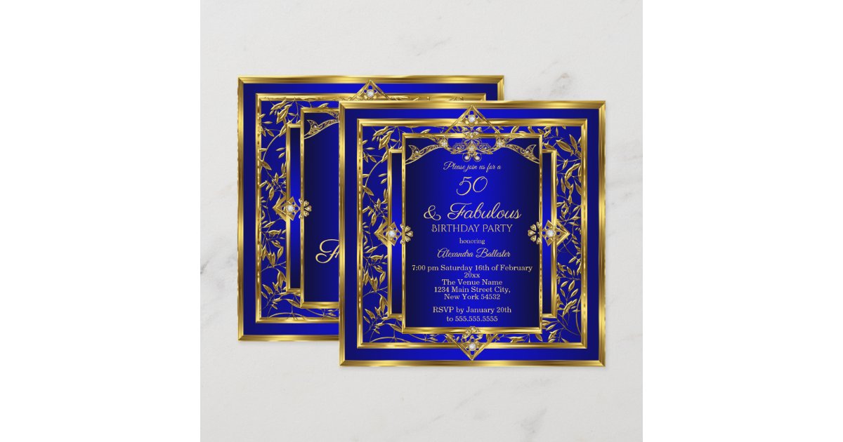Fabulous 50 Royal Blue Gold Damask Birthday Party Invitation Zazzle