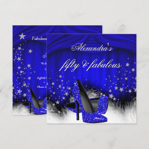 Fabulous 50 Royal Blue High Heels Feather Birthday Invitation