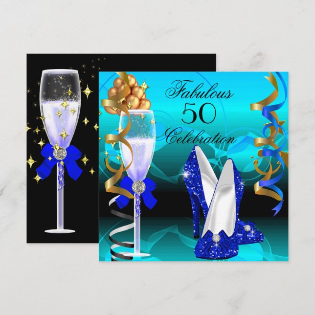 Fabulous 50 Royal Blue Teal Gold Birthday Party Invitation (Front/Back)