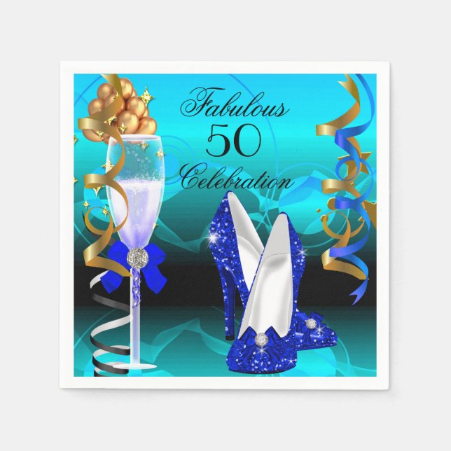 Fabulous 50 Royal Blue Teal Gold Birthday Party Napkin (Front)