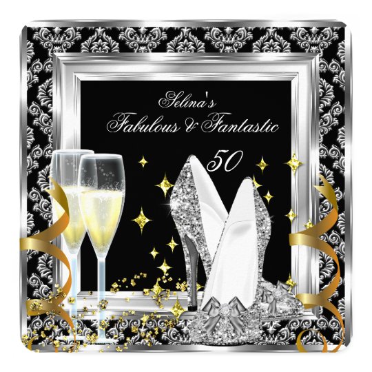 Fabulous 50 Silver Damask Black Birthday Party Card