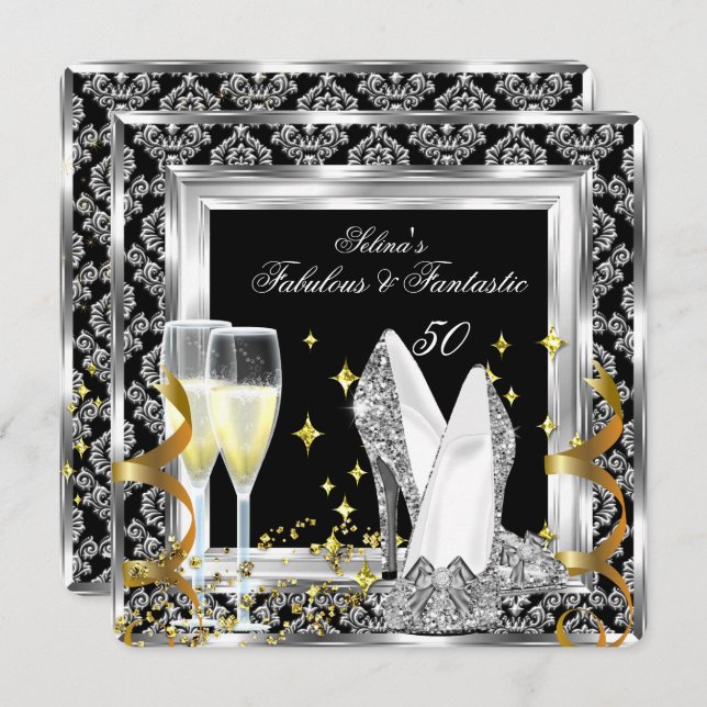 Fabulous 50 Silver Damask Black Birthday Party Invitation (Front/Back)