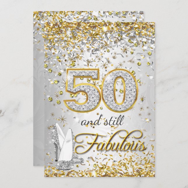 Fabulous 50 Silver gold High Heels party Invitation (Front/Back)
