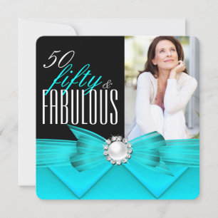 Fabulous 50 Teal Black Photo Birthday Party Invitation