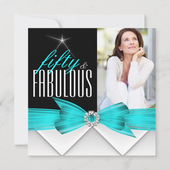 Fabulous 50 Teal Black Photo Elegant Birthday 2 Invitation (Front)