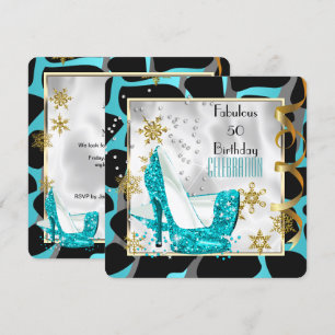 Fabulous 50 Teal Black White Wild Birthday Party Invitation