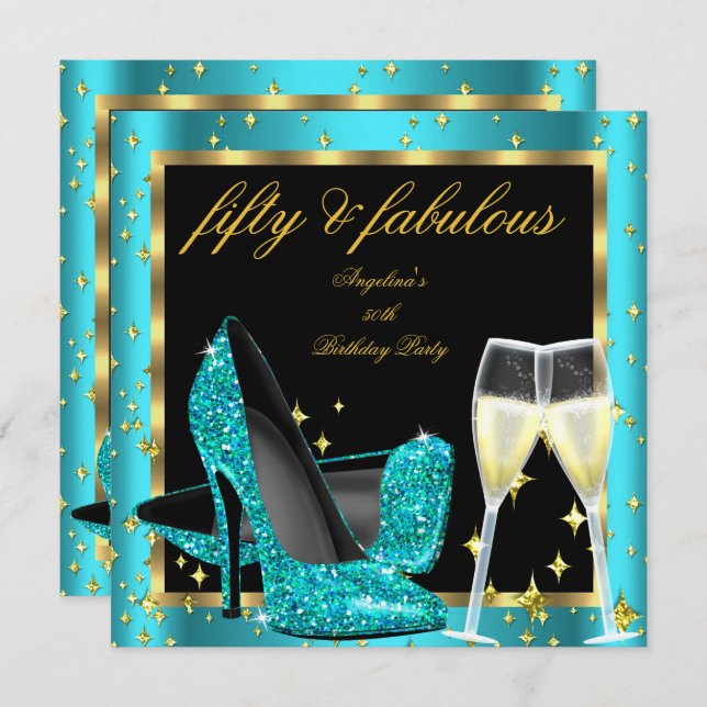 Fabulous 50 Teal Blue Champagne Heels Birthday Invitation (Front/Back)