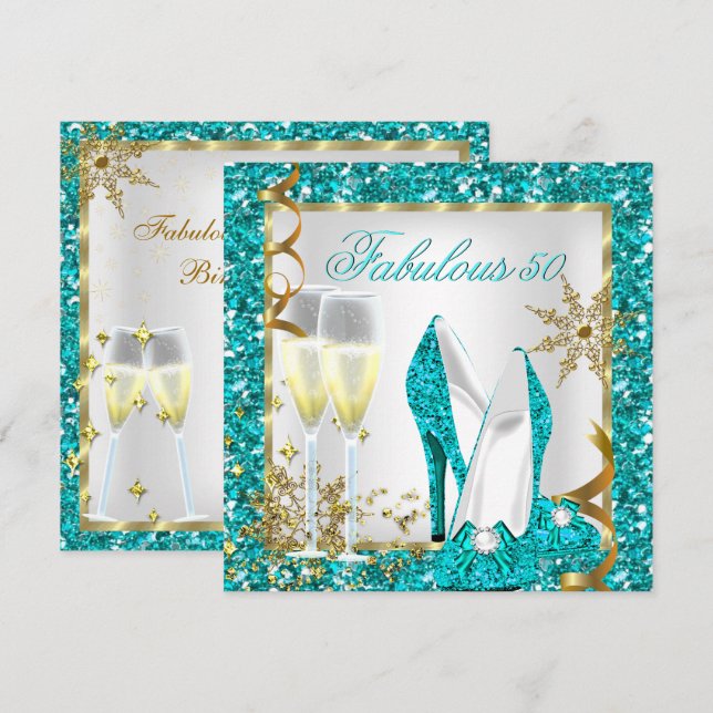 Fabulous 50 Teal Blue Glitter Gold Birthday Party Invitation (Front/Back)