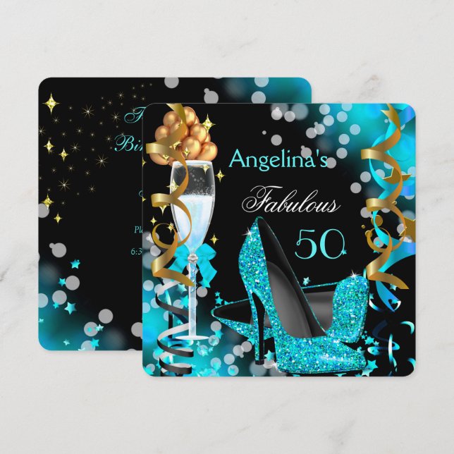 Fabulous 50 Teal Blue Heels Gold Bubbles Party Invitation (Front/Back)