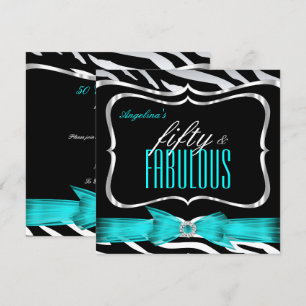 Fabulous 50 Teal Blue Zebra Black Elegant Birthday Invitation