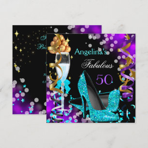 Fabulous 50 Teal Purple Heels Gold Bubbles Party Invitation