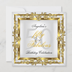 Fabulous 50 White Floral Gold Birthday Party Invitation