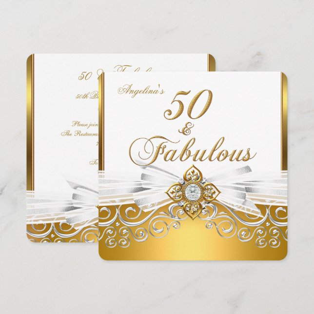 Fabulous 50 White Gold Damask Birthday Party Invitation (Front/Back)