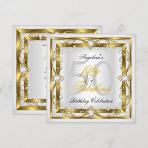 Fabulous 50 White Pearl Floral Gold Birthday Party Invitation